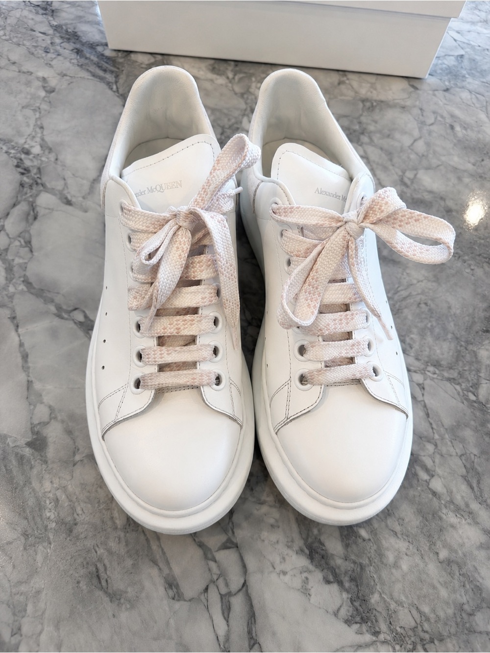 Alexander McQueen White Leather Sneakers with Pale Pink Laces